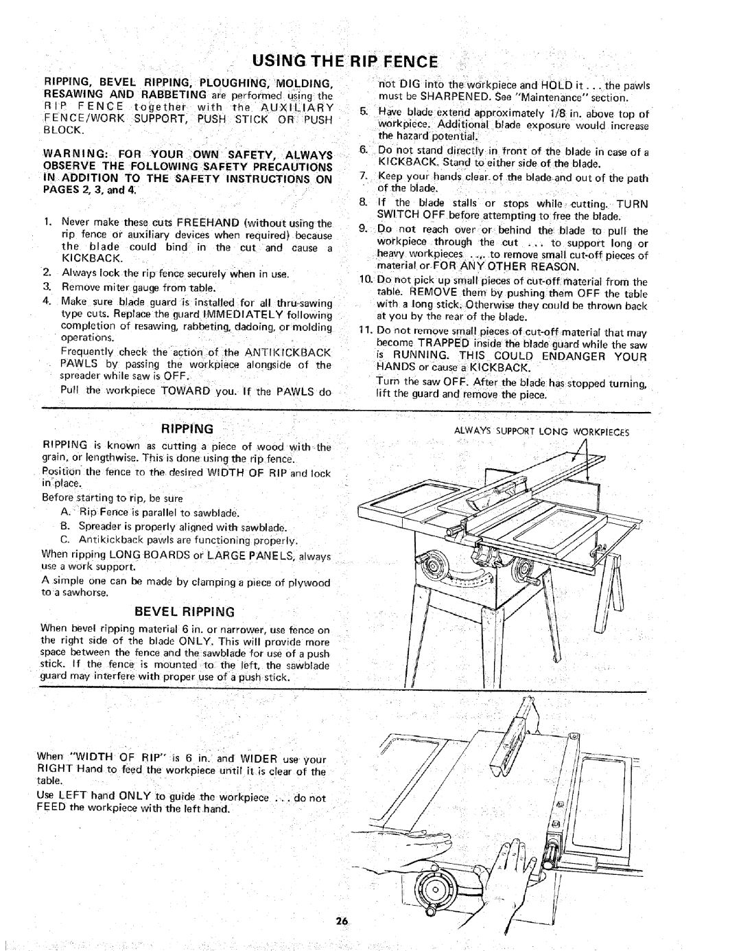 Sears 113.298141 Addition to the Safety Instructions on Pages 2, 3, RIPPING, Bevel RIPPING, PLOUGHING, Molding, Kickback 