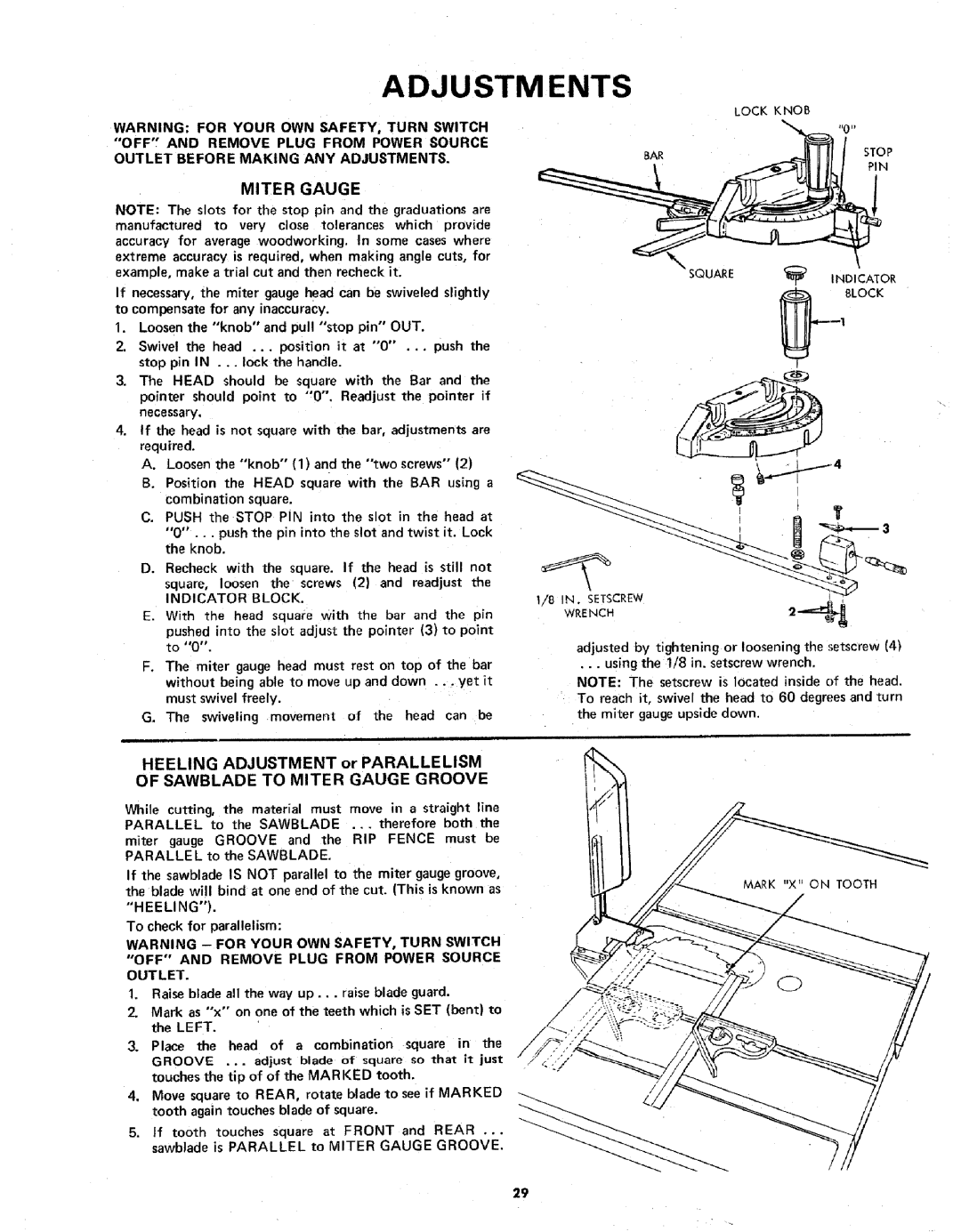 Sears 113.298141 owner manual Heeling Adjustment, Sawblade to Miter Gauge Groove 