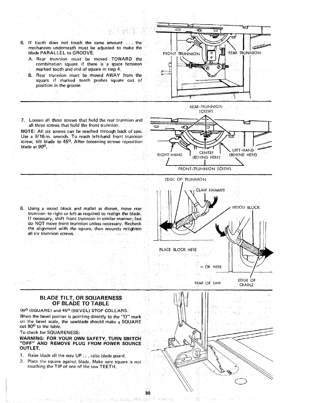 Sears 113.298141 owner manual Blade TILT, or Squareness Blade to Table, Space, OFF and Remove Plug from Power Source Outlet 