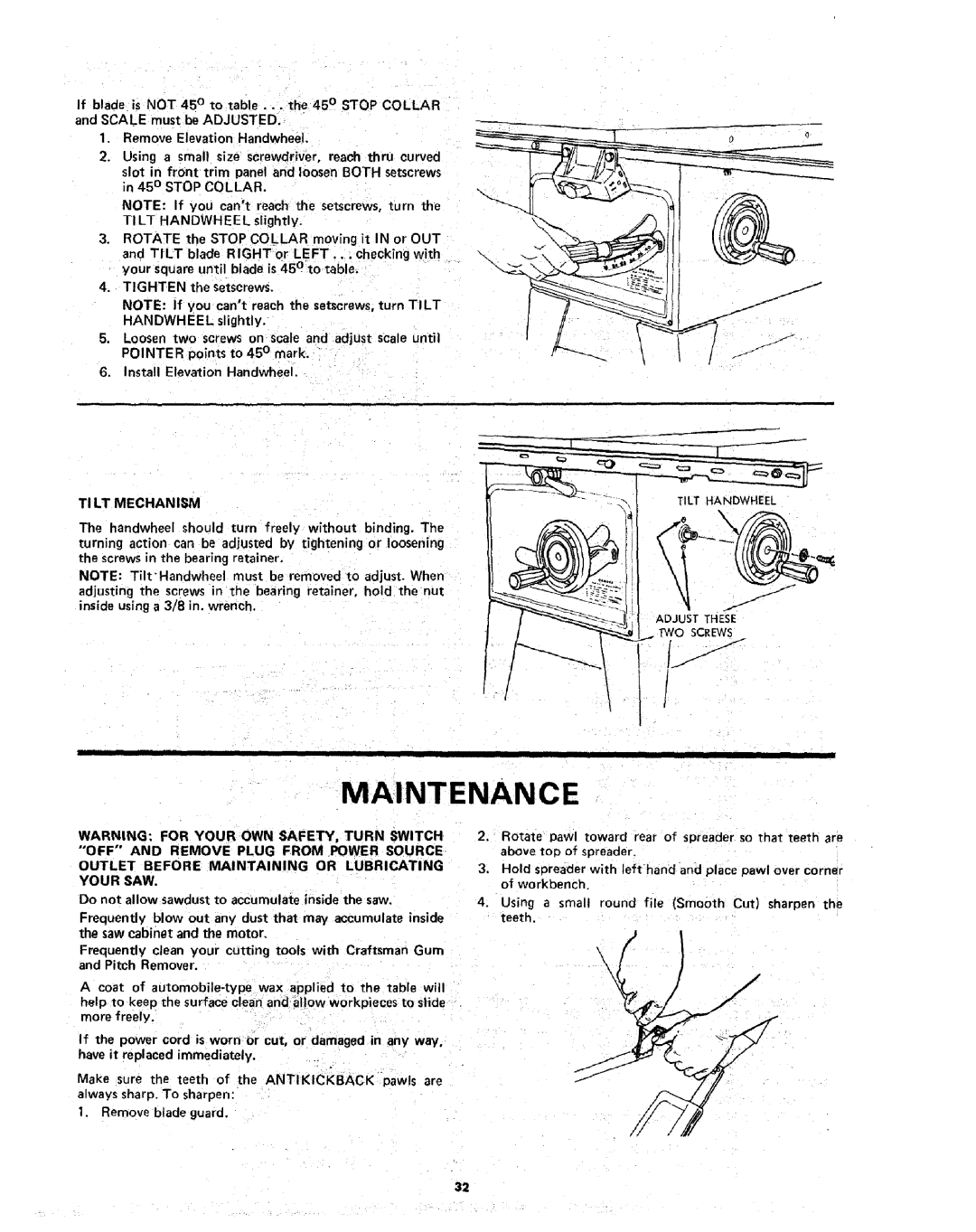 Sears 113.298141 Maintenance, Handwheel, Pointer, TI LT Mechanism, Outlet Before Maintaining or Lubricating Your SAW 