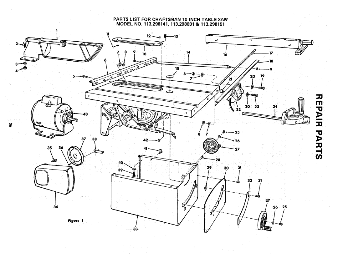 Sears 113.298141 owner manual Parts List for Craftsman 10 Inch Table SAW 