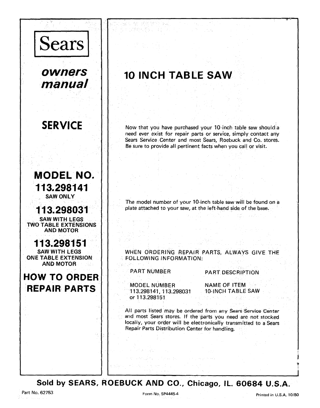 Sears 113.298141 owner manual Inch Table SAW, SAW on LY, SAW with Legs ONE Table Extension Motor 