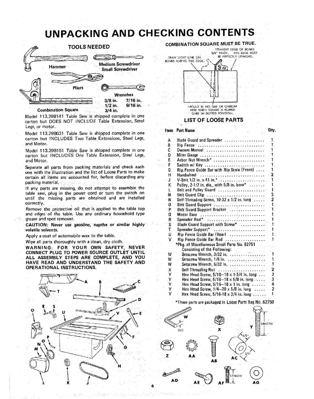 Sears 113.298141 owner manual Unpacking and Checking Contents 