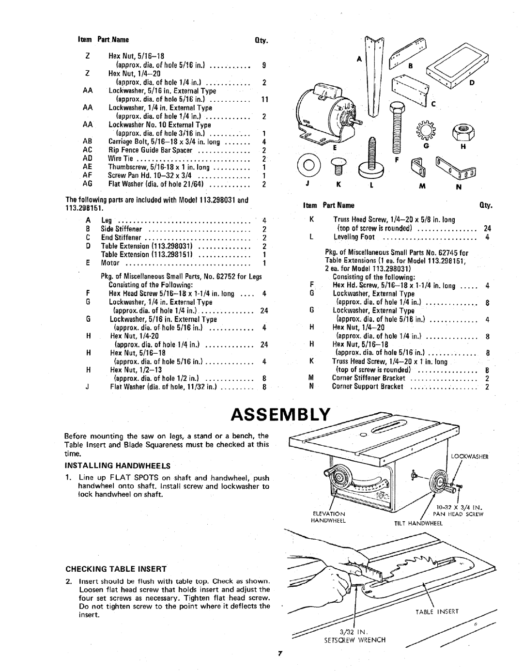 Sears 113.298141 owner manual Assembly, Installing Handwheels, Checking Table Insert, 32 I N, Setscrewwrench 