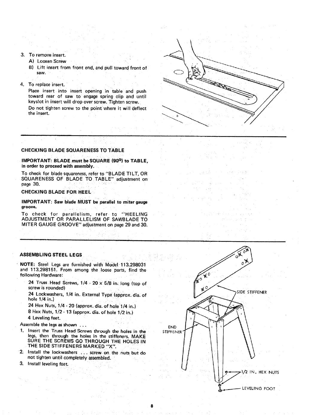 Sears 113.298141 Checking Blade Squareness to Table, Checking Blade for Heel, Assembling Steel Legs, Side Stiffener 