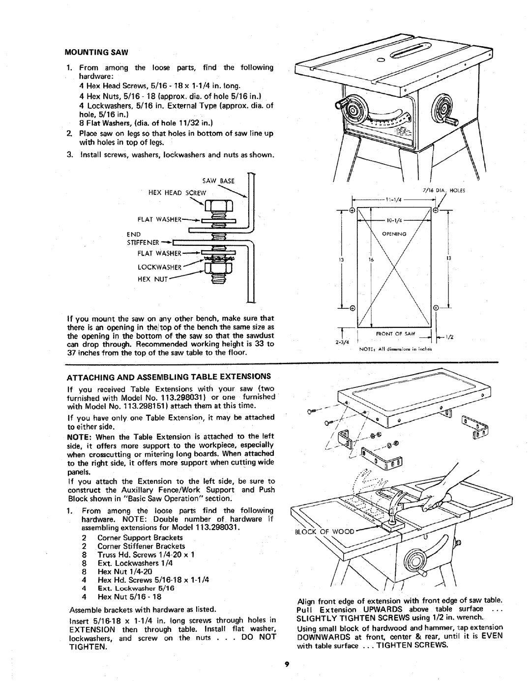 Sears 113.298141 owner manual Attaching and Assembling Table Extensions, Tighten 