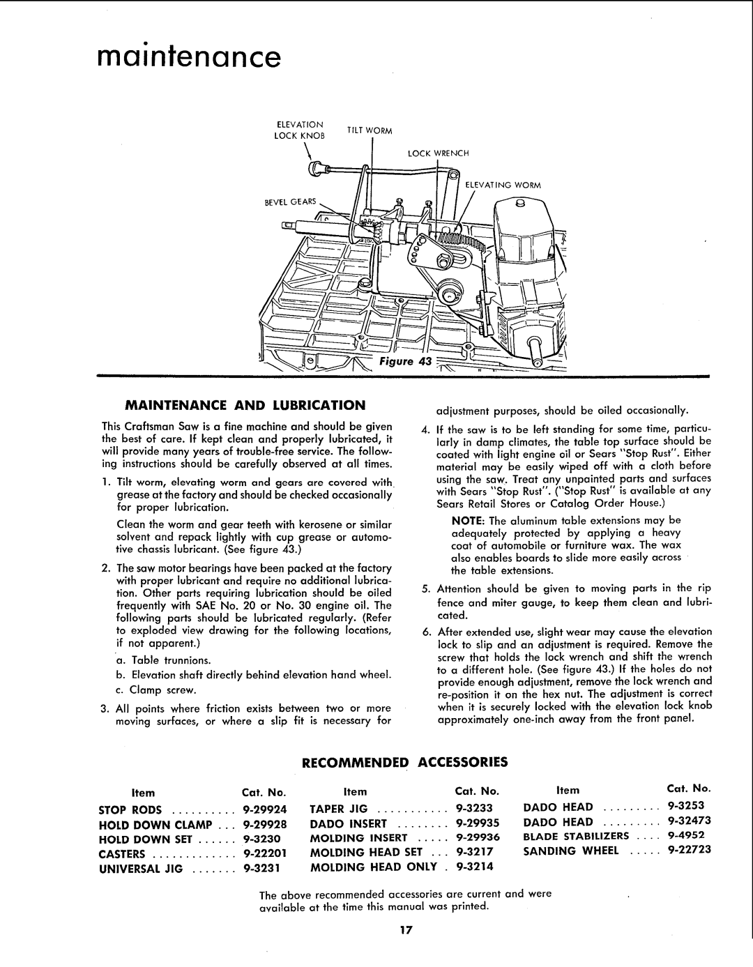 Sears 113.299131 owner manual Maintenance and Lubrication, Recommended Accessories 