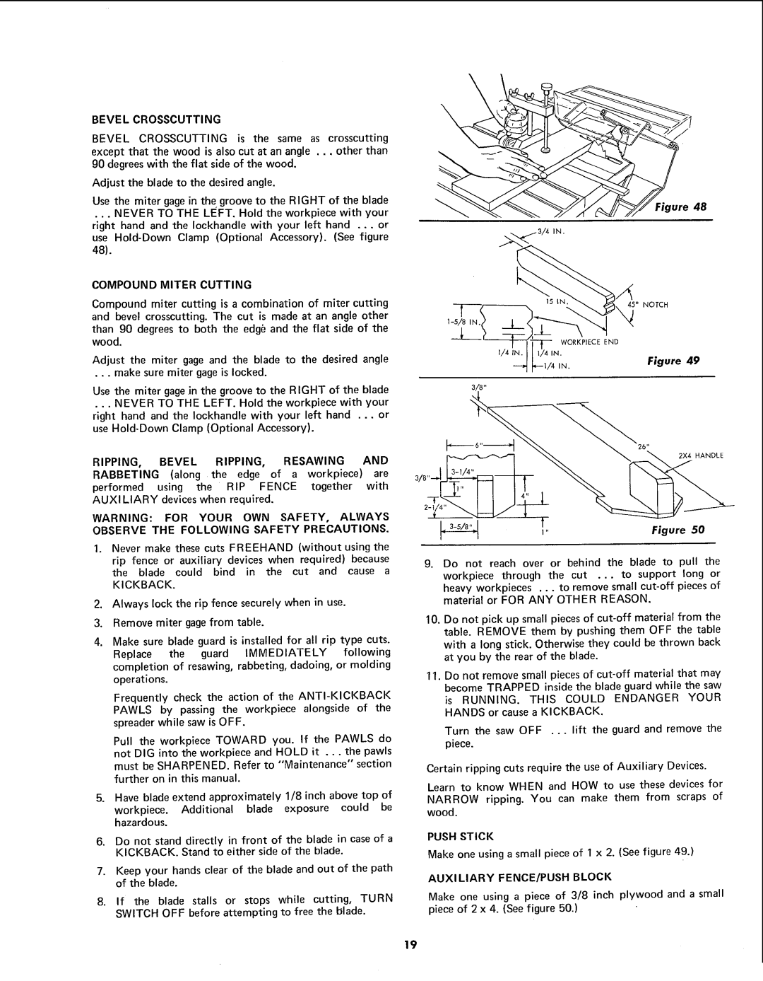 Sears 113.299131 owner manual Compound Miter Cutting, RIPPING, Bevel RIPPING, Resawing, Auxiliary FENCE/PUSH Block 