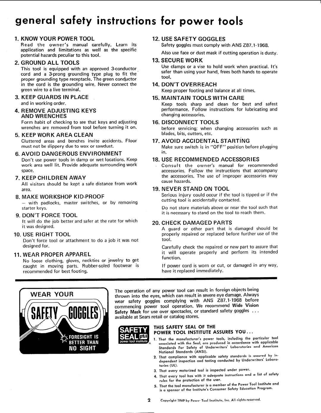 Sears 113.299131 owner manual Know Your Power Tool USE Safety Goggles, Ground ALL Tools, Secure Work 