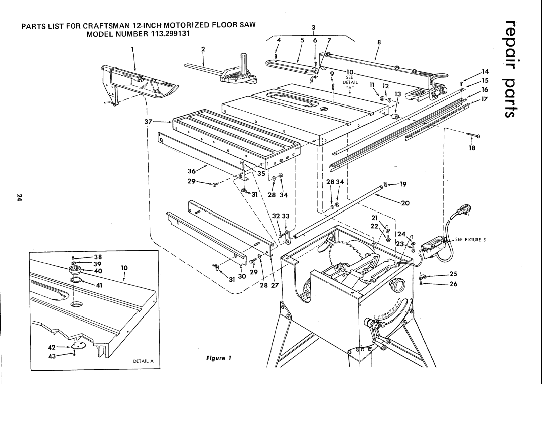 Sears 113.299131 owner manual Parts List for Craftsman 12-INCH Motorized Floor SAW 