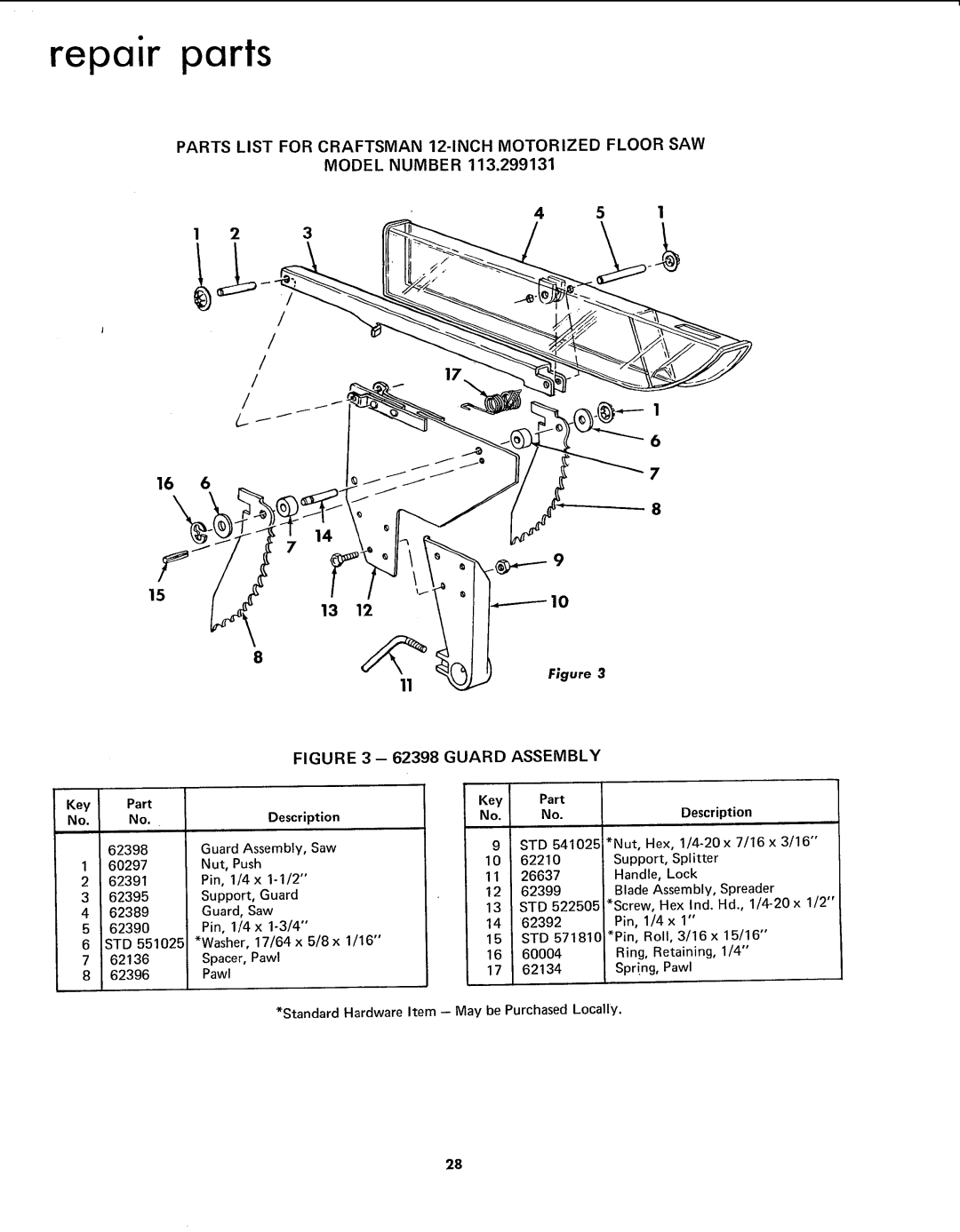 Sears 113.299131 owner manual Repair parts, Pin, 1/4 