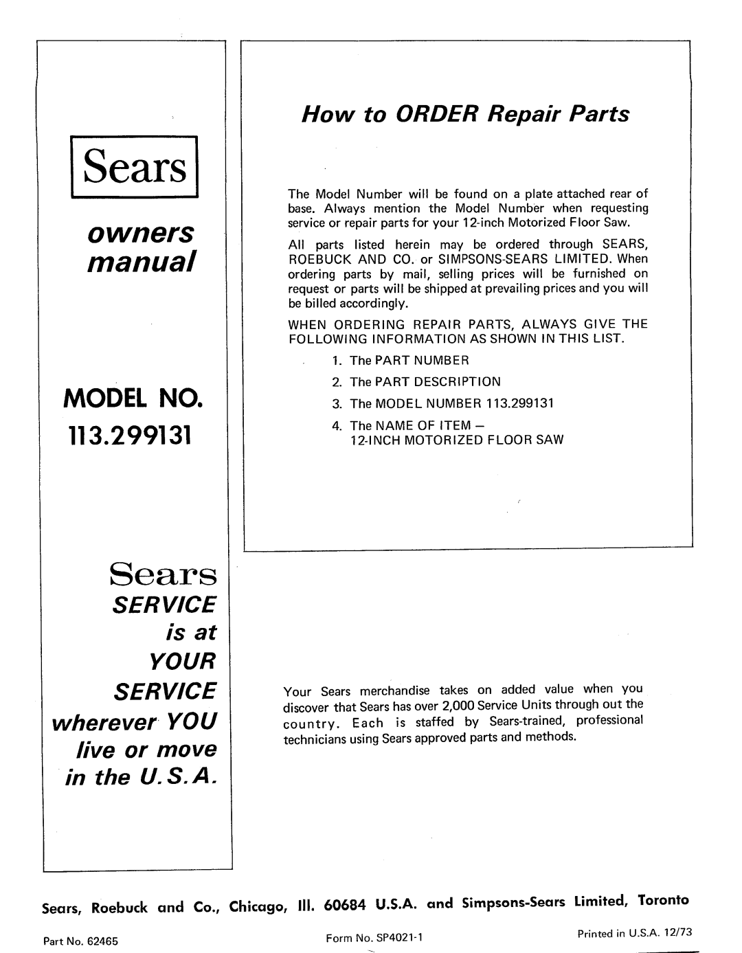 Sears 113.299131 owner manual Sears 