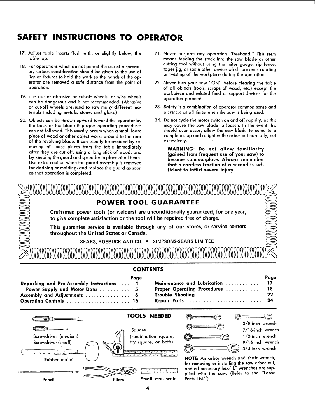 Sears 113.299131 owner manual Contents, Tools Needed 