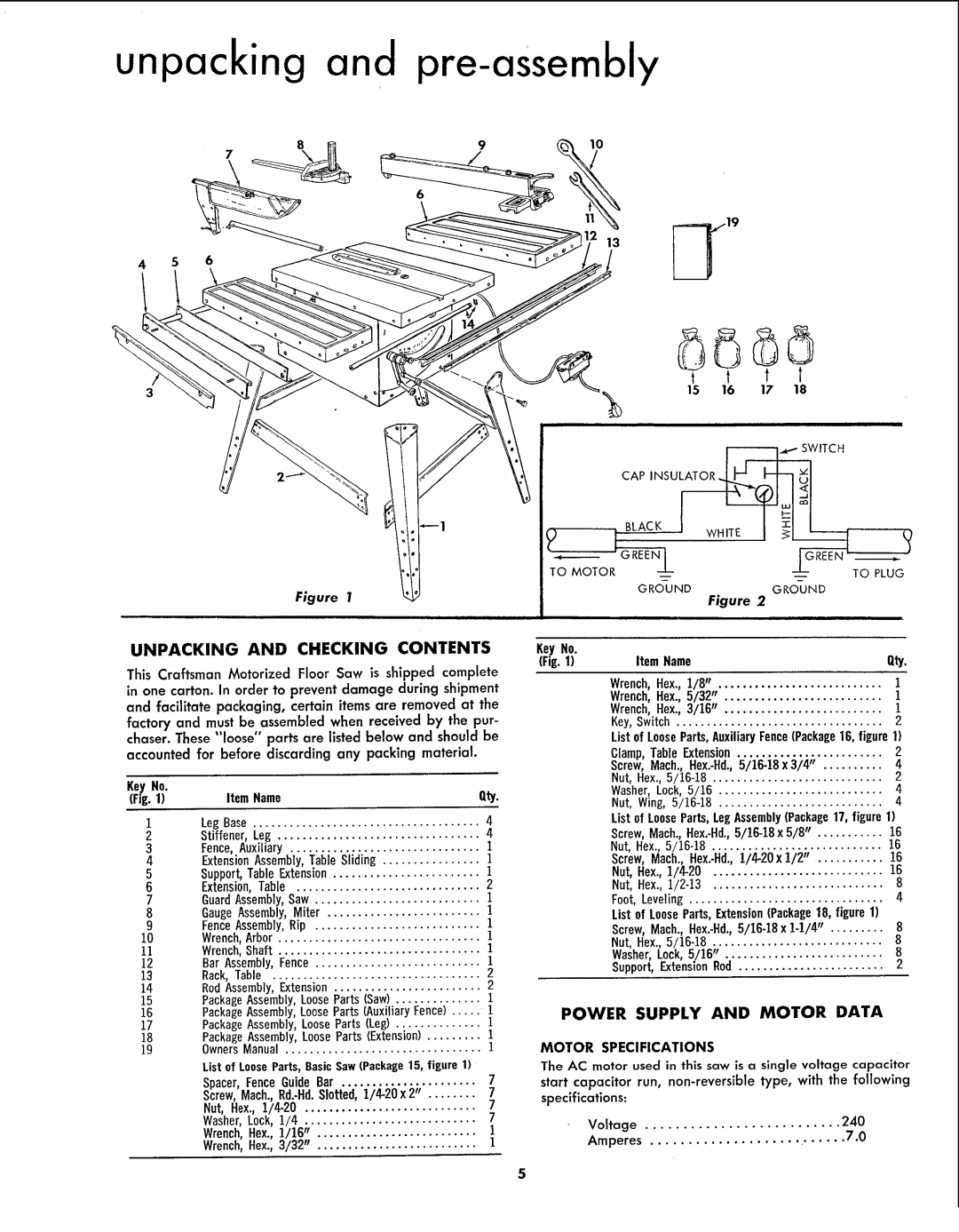 Sears 113.299131 owner manual Unpacking and Checking Contents, Power Supply and Motor Data 