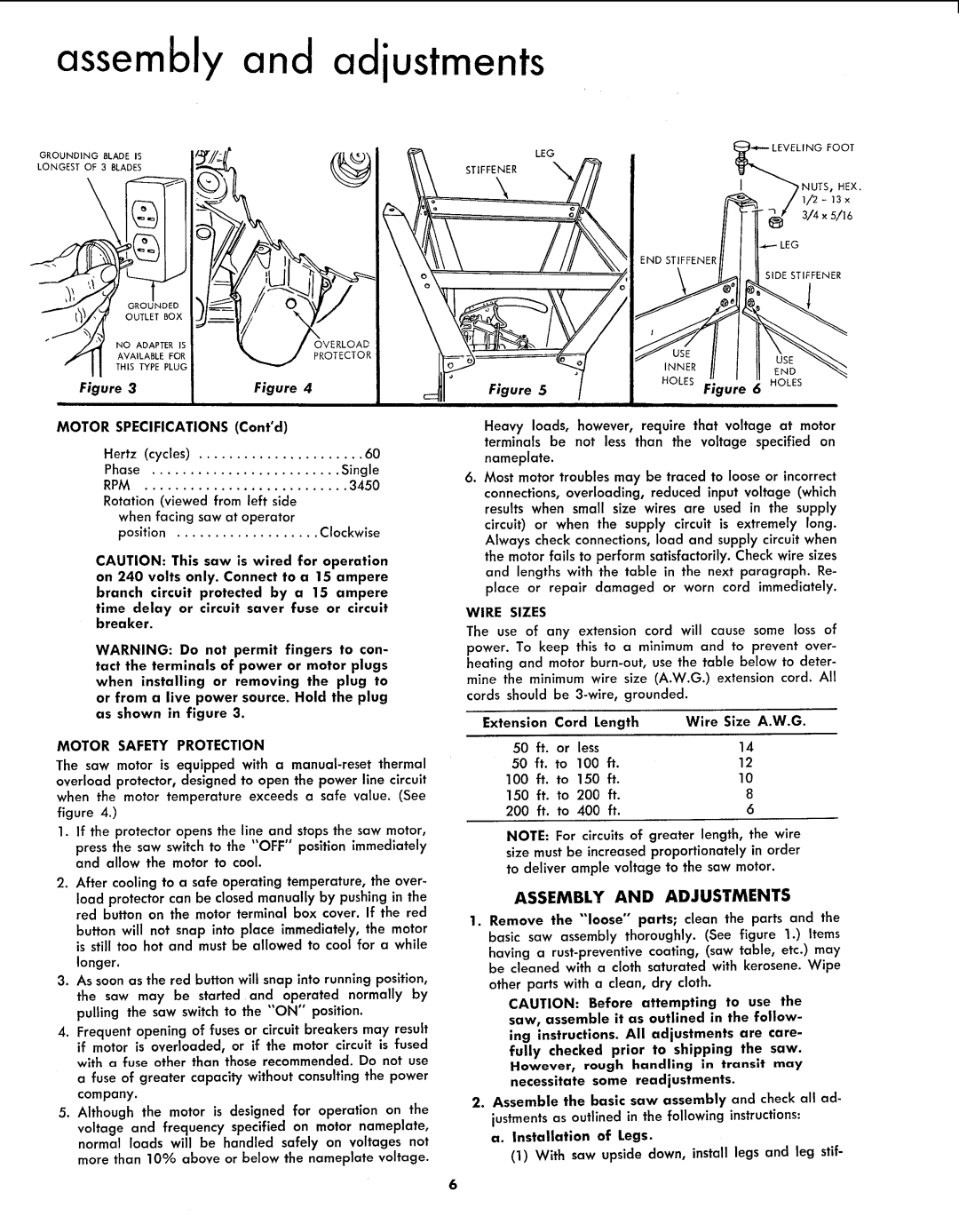 Sears 113.299131 Assembly and Adjustments, Motor Safety Protection, Extension Cord Length Wire Size A.W.G Less 100, 150 