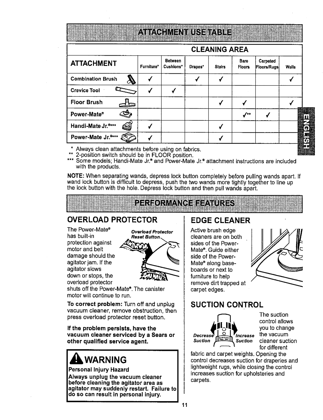 Sears 116.26212 owner manual Suction Control, Cleaning Area Attachment 