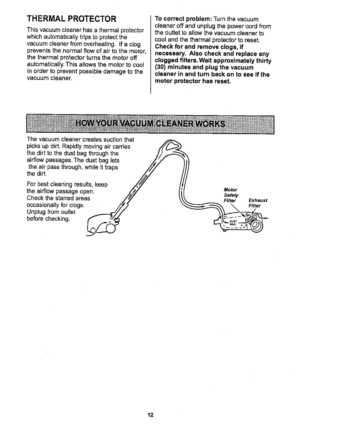 Sears 116.26212 owner manual Thermal Protector, To correct problem Turn the vacuum, While, Open, Safety 