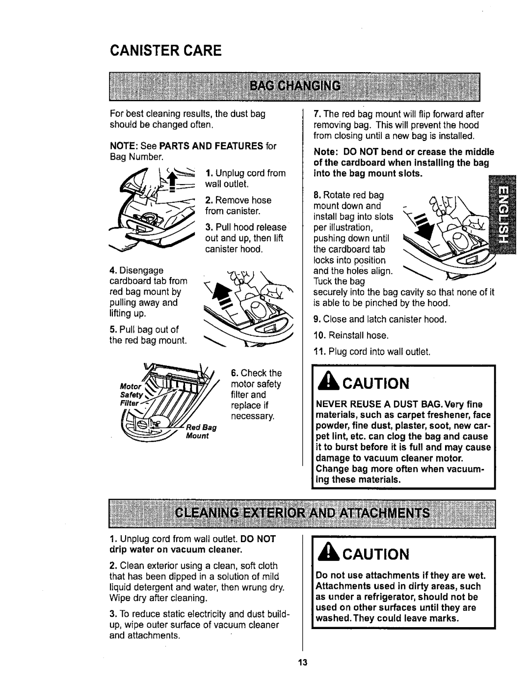 Sears 116.26212 Canister Care, Unplug cord from wall outlet, Cardboard when installing the bag into the bag mount slots 