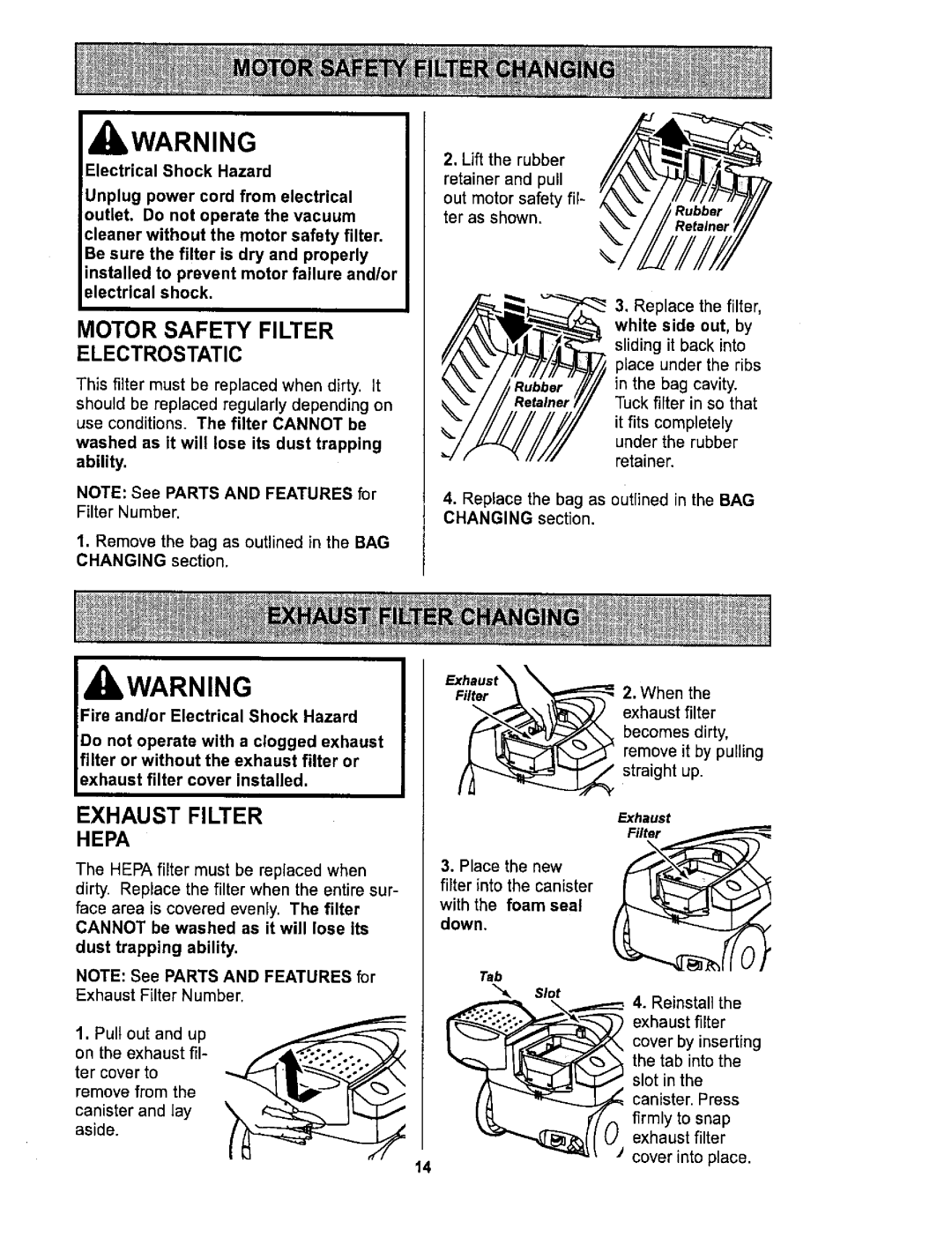 Sears 116.26212 owner manual Motor Safety Filter Electrostatic, Exhaust Filter Hepa, Tab 