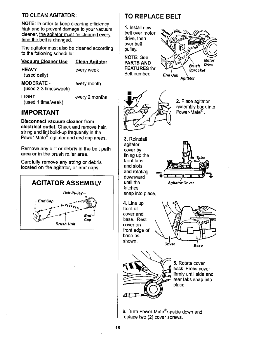 Sears 116.26212 owner manual Agitator Assembly, To Replace Belt 