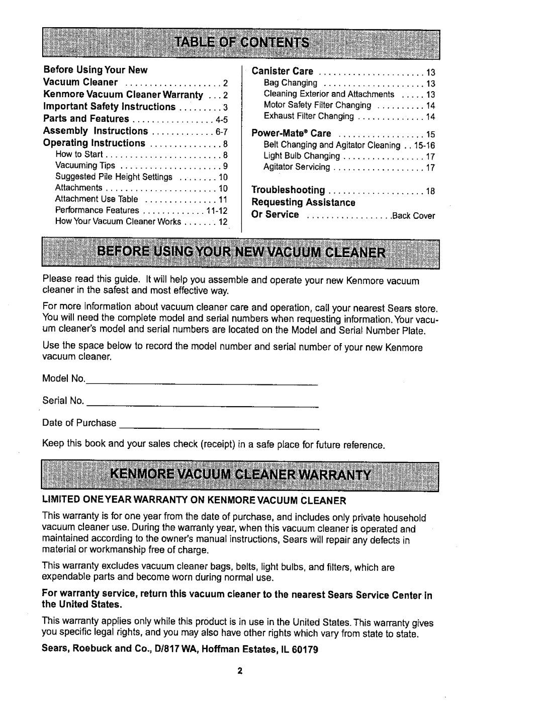 Sears 116.26212 Before UsingYour New, Kenmore Vacuum Cleaner Warranty, Safety Instructions, Parts and Features 