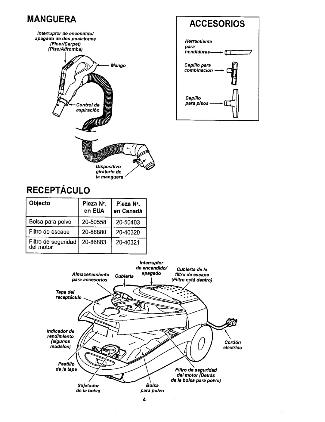 Sears 116.26212 owner manual Accesorios, Receptaculo 