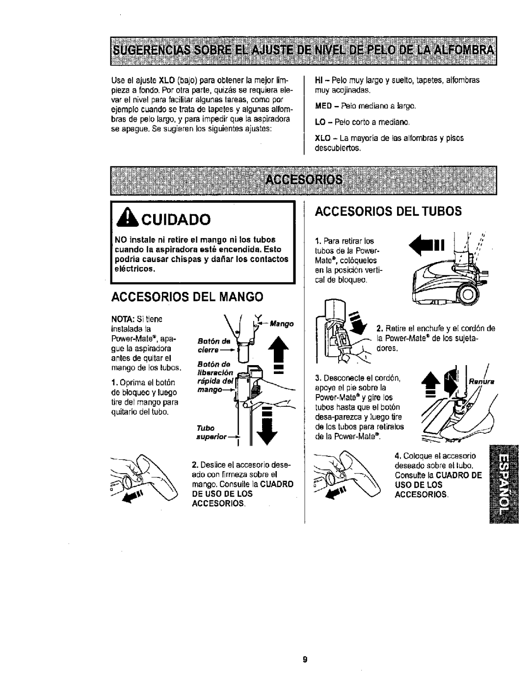 Sears 116.26212 owner manual Accesorios DEL Mango Accesorios DEL Tubos, RanLra, Superior 