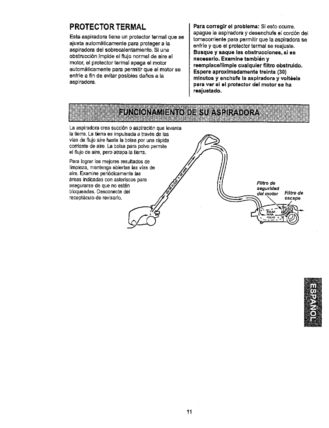 Sears 116.26212 owner manual Protector Termal, Seguridad Filtro de, Del motor, Escape 