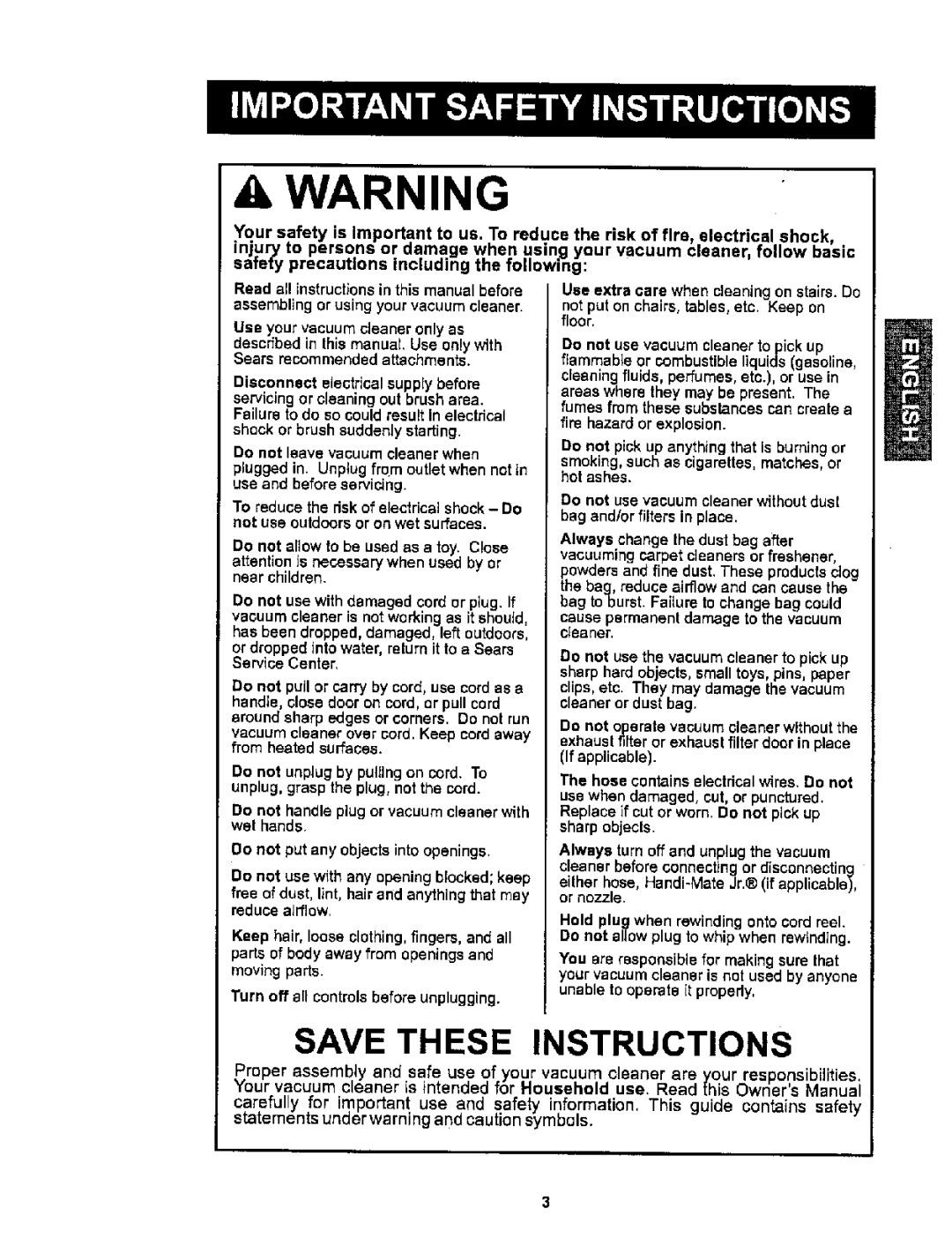 Sears 116.26212 owner manual Unplug, grasp the plug, not the cord, Do not put any objects into openings 