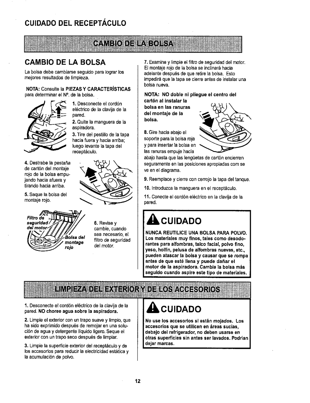 Sears 116.26212 owner manual Cuidado DEL Receptaculo Cambio DE LA Bolsa, Nota Consulte la Piezas Y CARACTERiSTICAS 