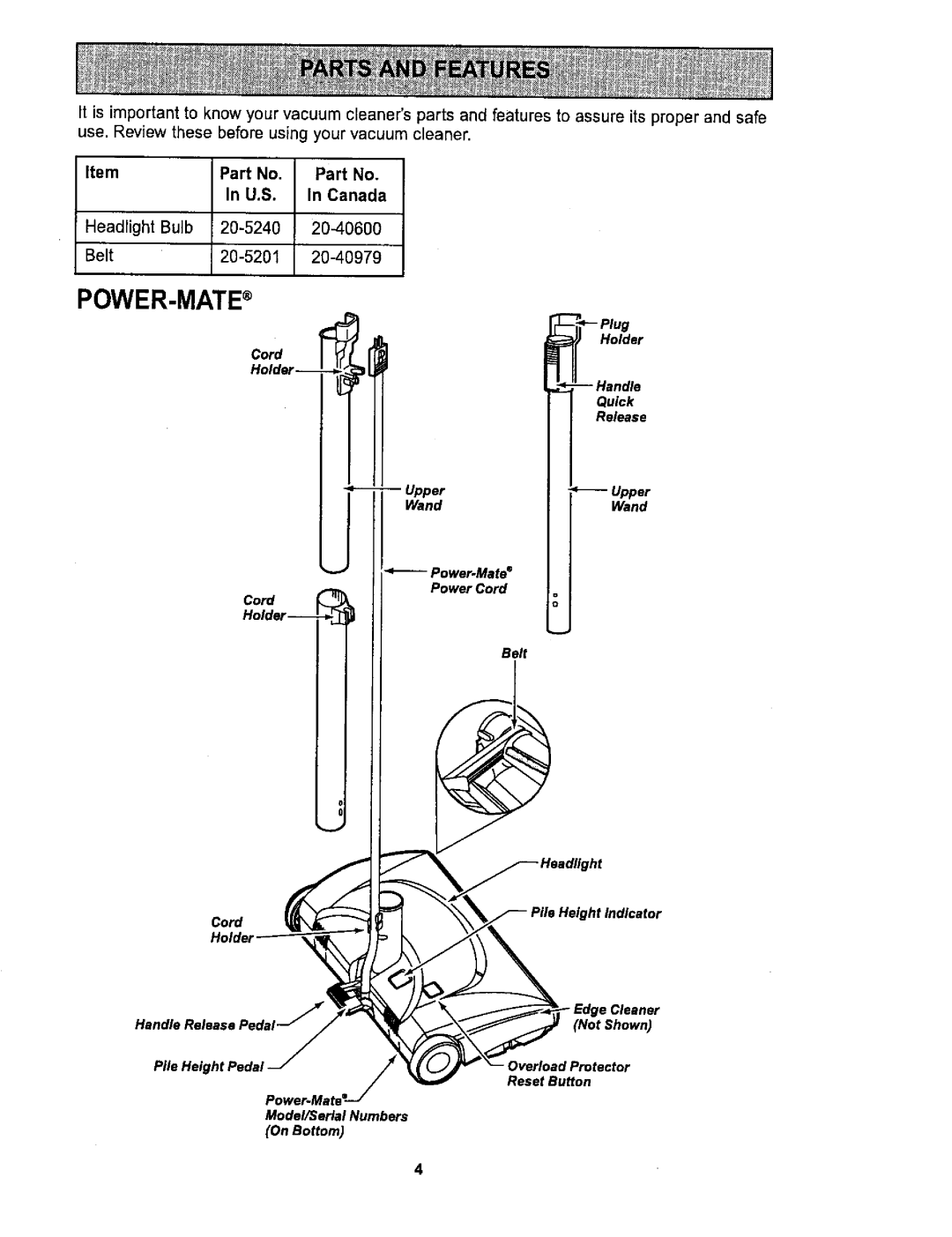 Sears 116.26212 owner manual Power-Mate, Cord 