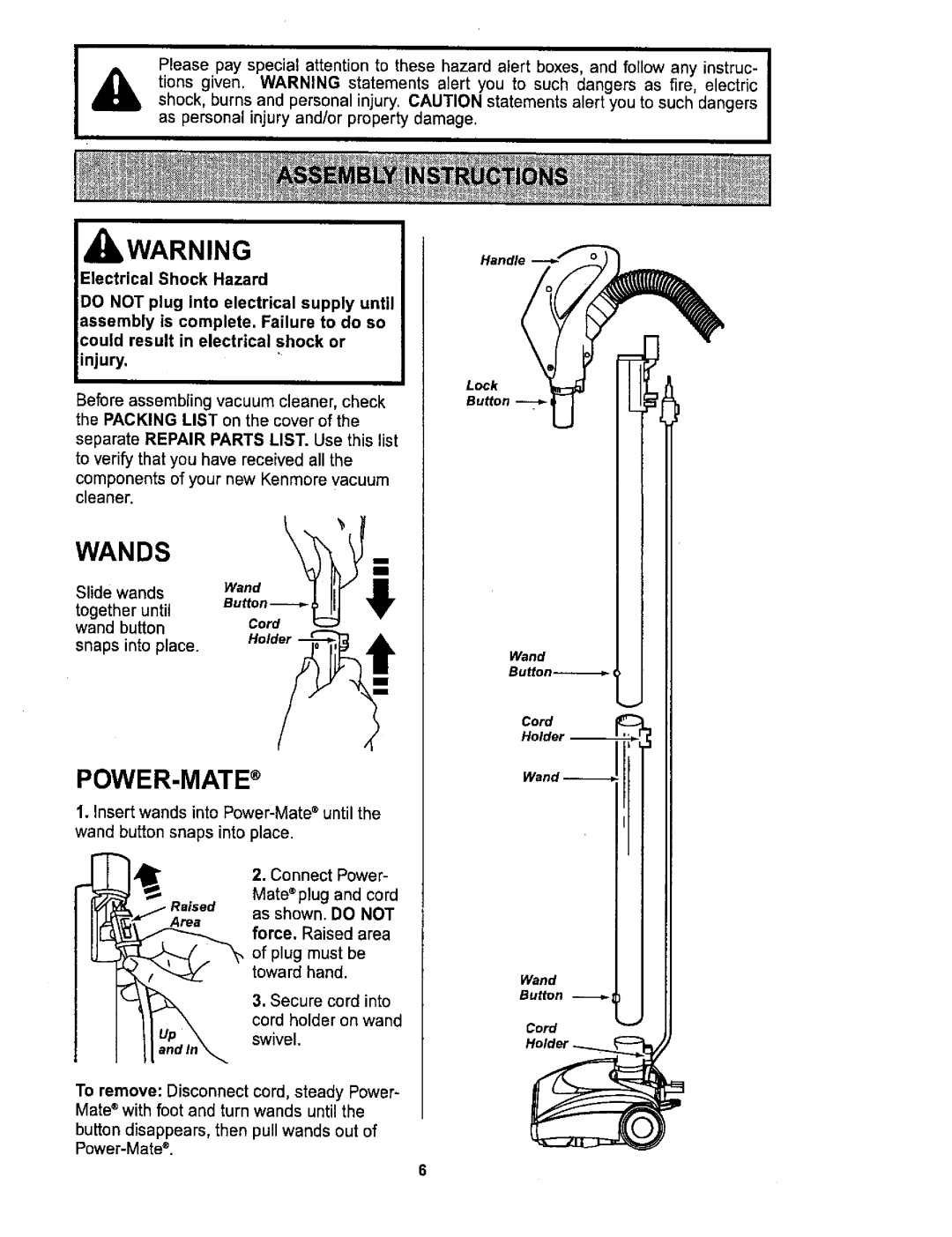 Sears 116.26212 owner manual Kwarning, Wands 