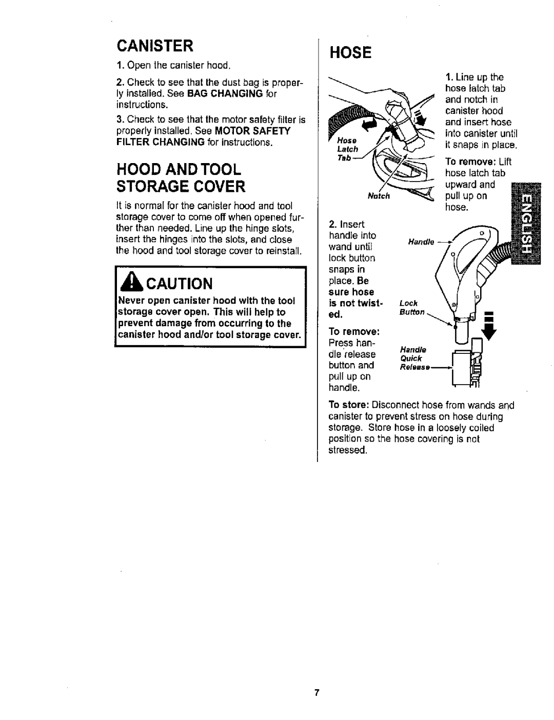 Sears 116.26212 owner manual Canister Hose, Hood and Tool Storage Cover 