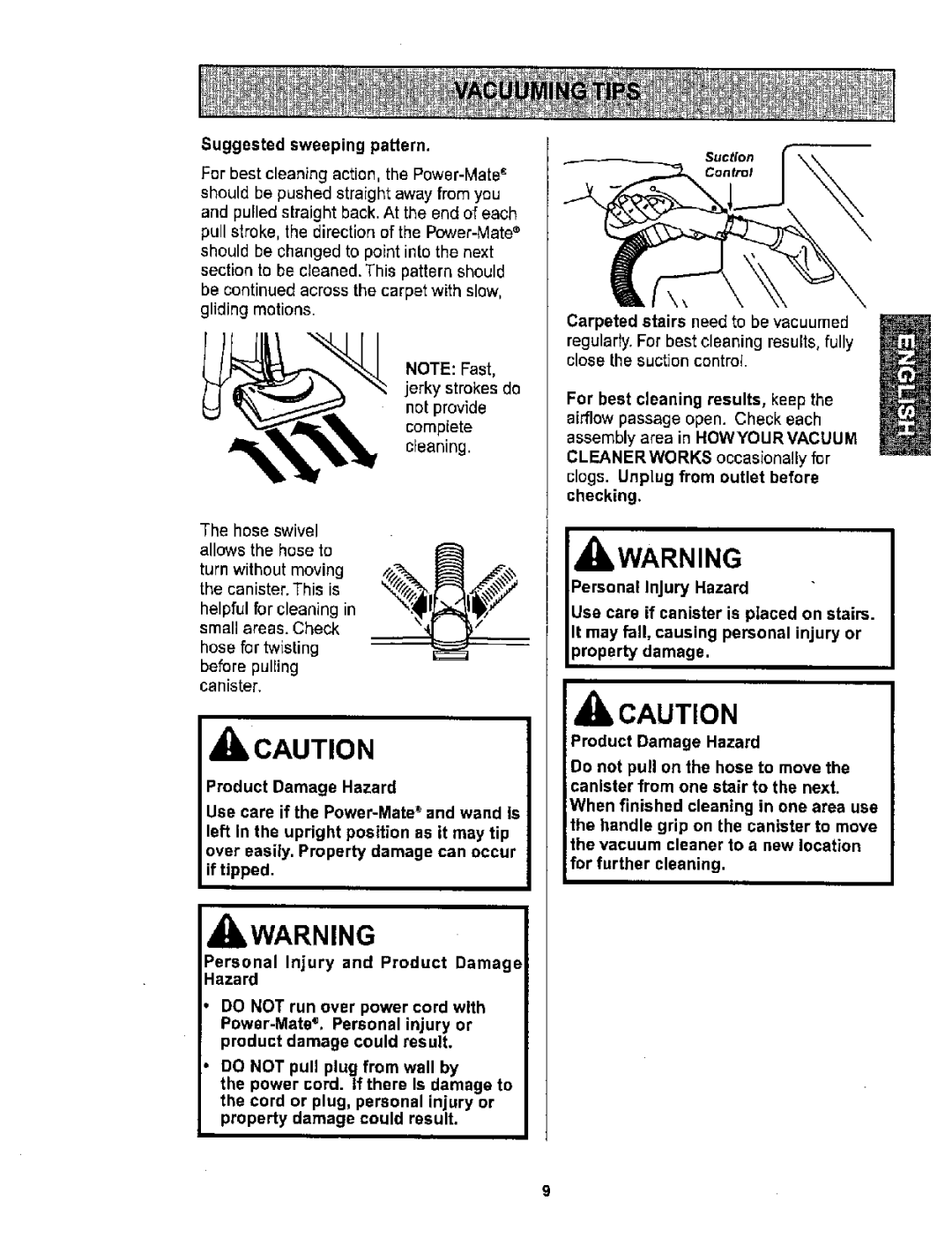 Sears 116.26212 owner manual IbWARNING, Suggested sweeping pattern 