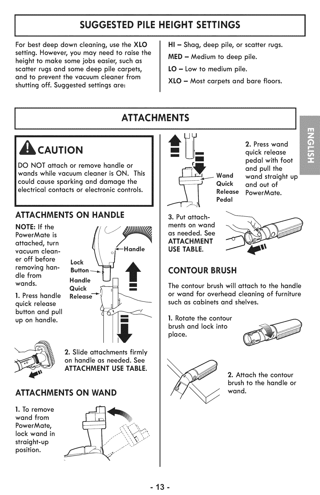 Sears 116.28014 manual Attachments on Handle, Attachments on Wand, Contour Brush, Wands 