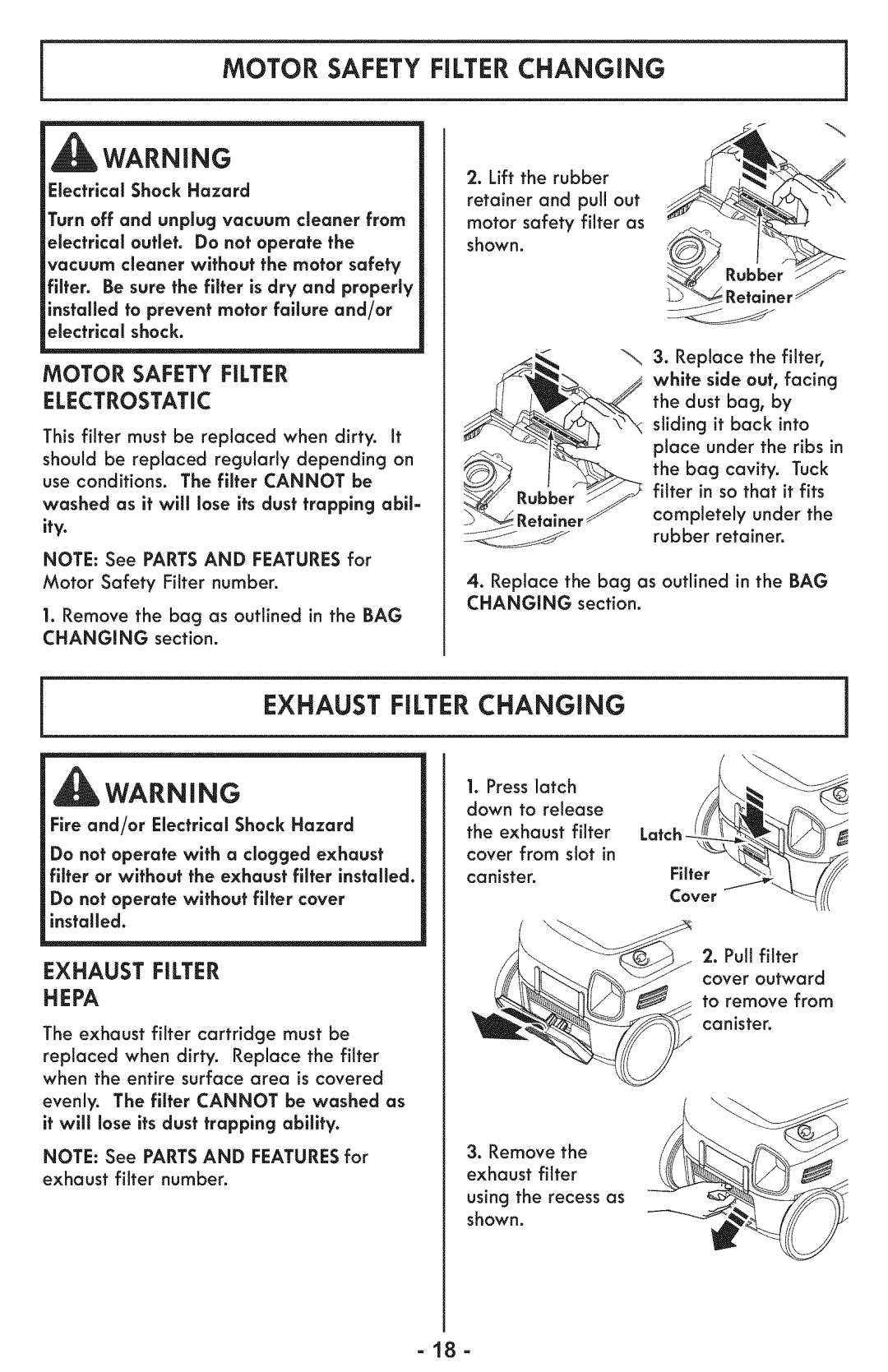 Sears 116.28014 manual Exhaust Filter Changing, Motor Safety Filter Electrostatic, Exhaust Filter Hepa, Changing section 