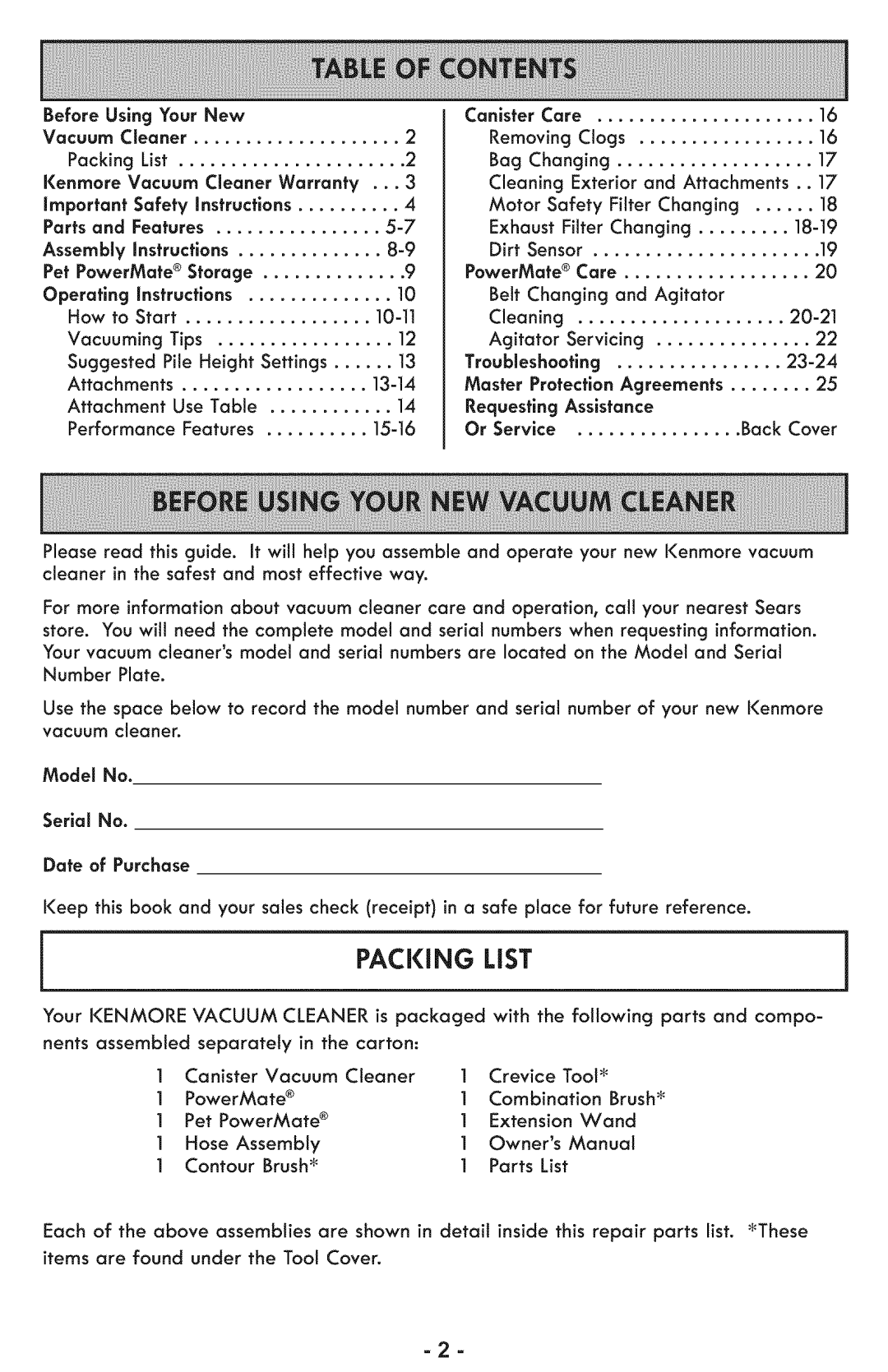 Sears 116.28014 manual Packing List, Motor Safety Filter Changing, Nents assembled separately in the carton 