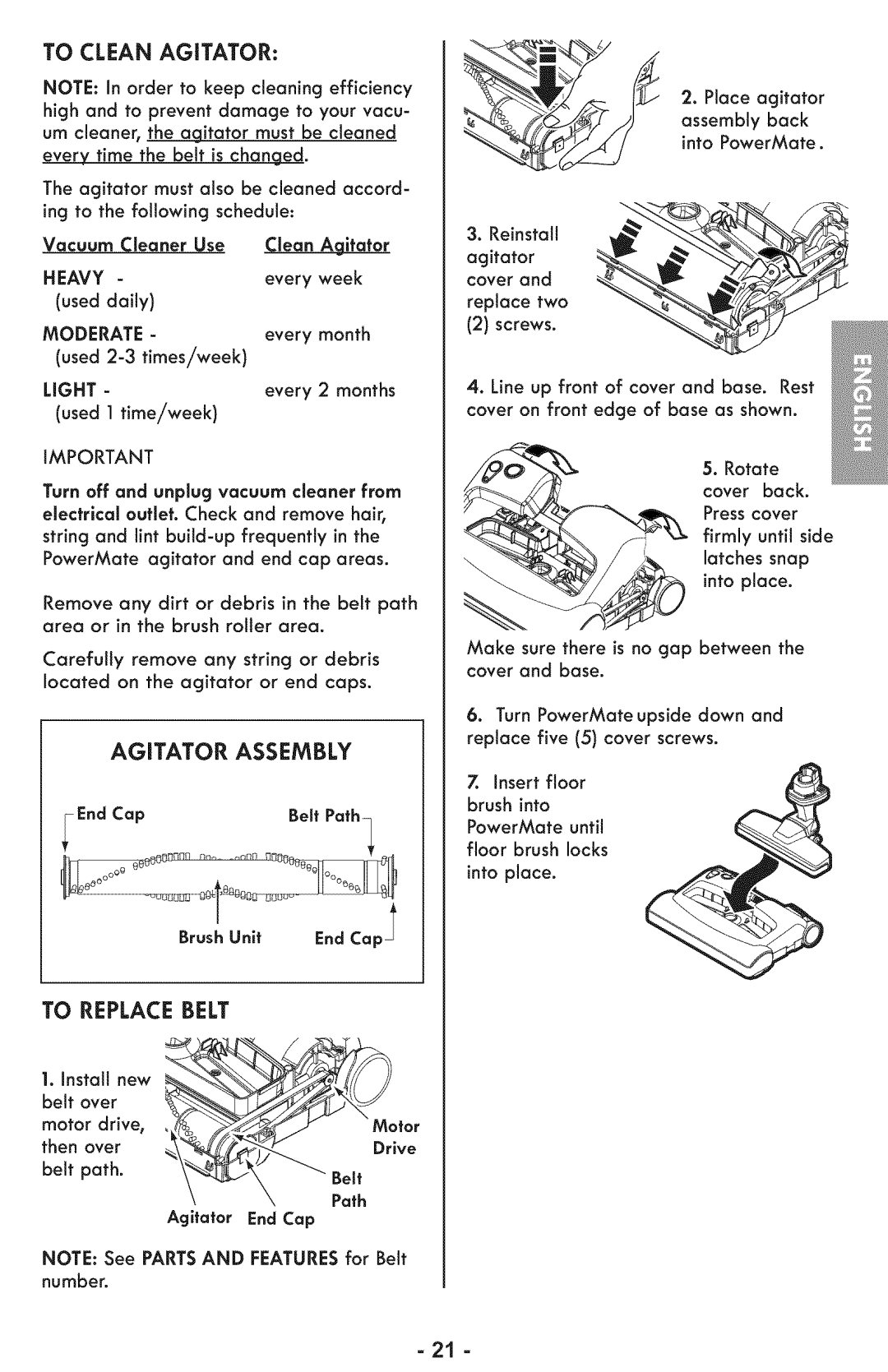 Sears 116.28014 manual Toclean Agitator, Agitator Assembly, To Replace Belt, Turn off and unplug vacuum cleaner from 