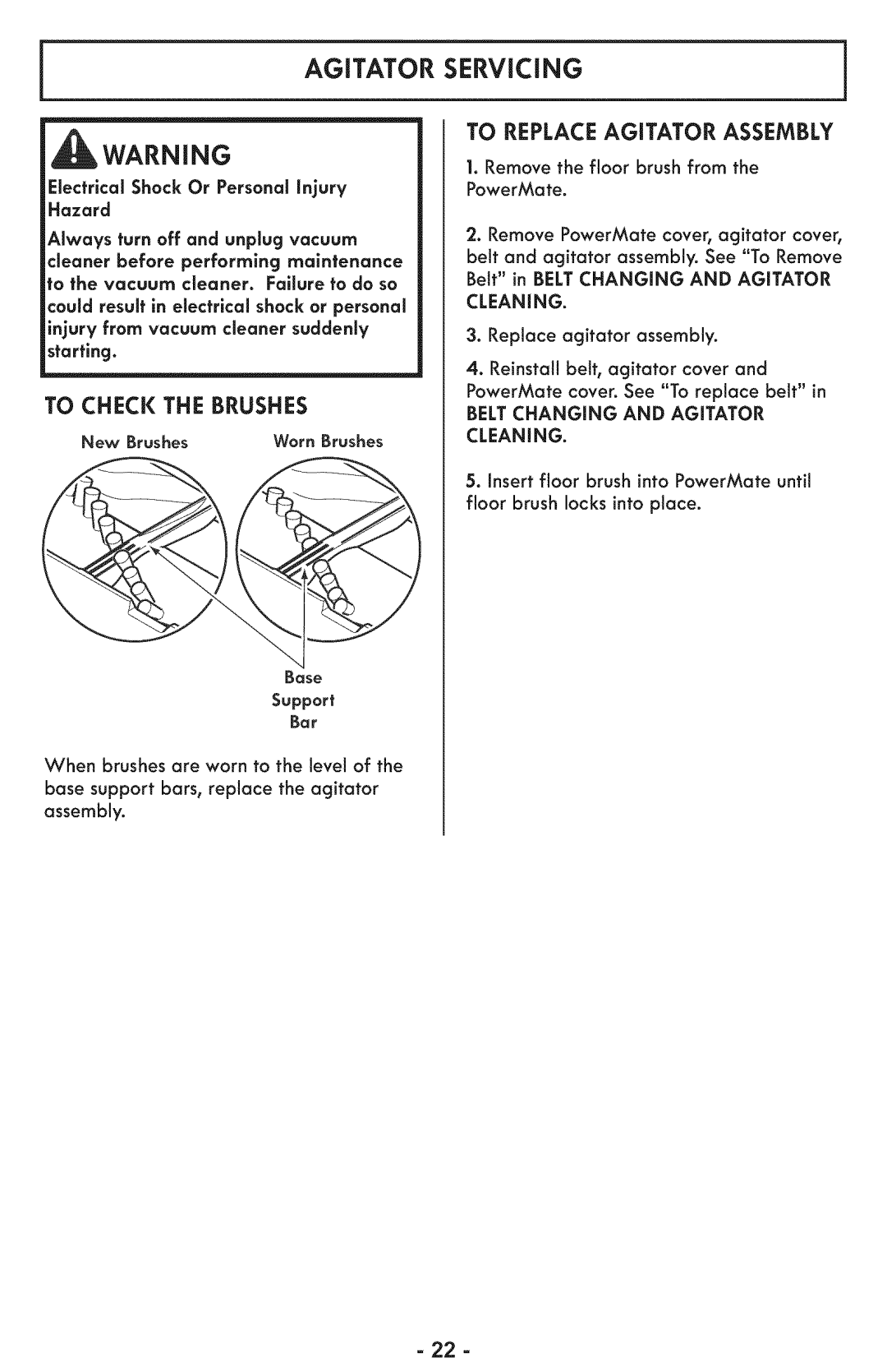 Sears 116.28014 manual To Check the Brushes, To Replace Agitator Assembly, Beltchanging and Agitator Cleaning 