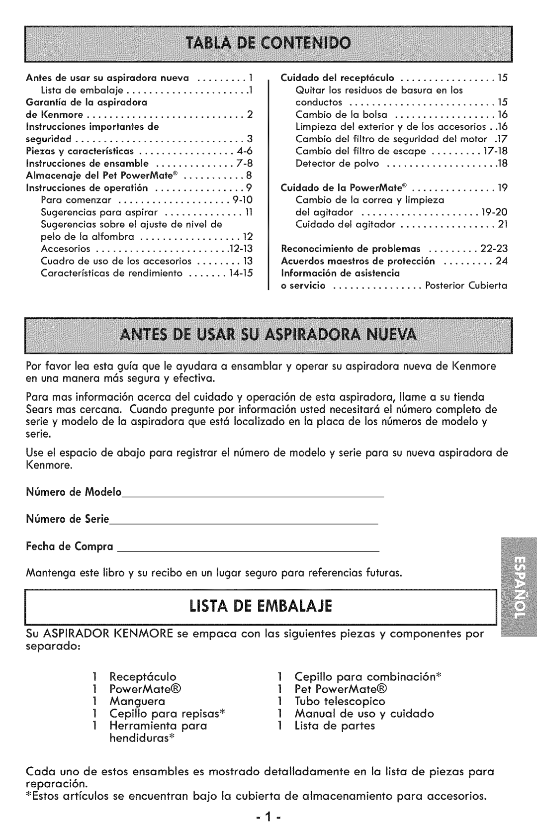 Sears 116.28014 manual Lista DE Embalaje, Fecha de Compra, NOmero de Modelo NOmero de Serie, Para Lista de Partes 