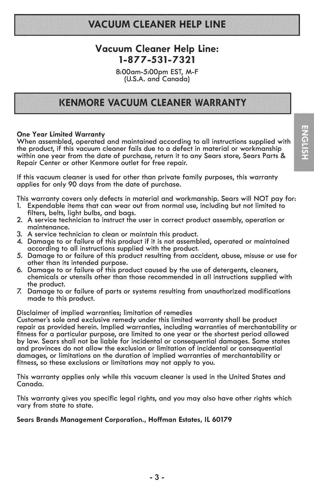 Sears 116.28014 manual Vacuum Cleaner Help Line, Sears Brands Management Corporation., Hoffman Estates, IL 