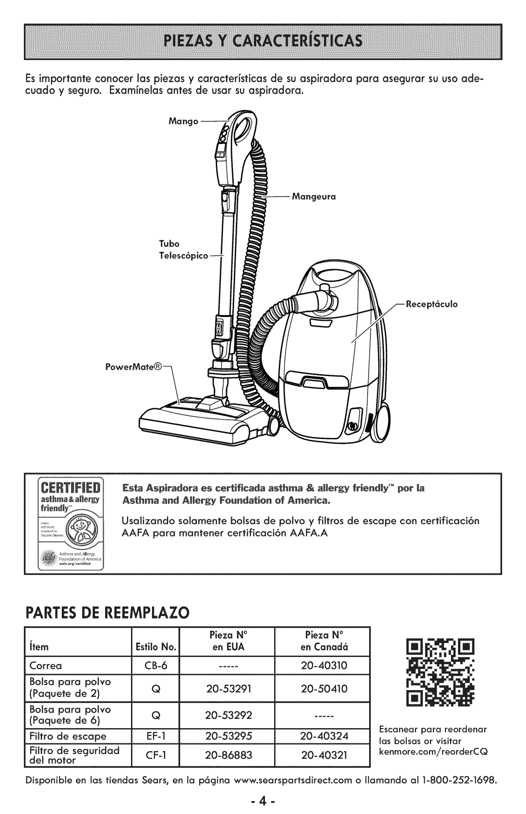 Sears 116.28014 manual Partes DE Reemplazo, Pieza no EstiloNo En EUA En Canad6 Correa CB-6, Escape, Secjuridad 