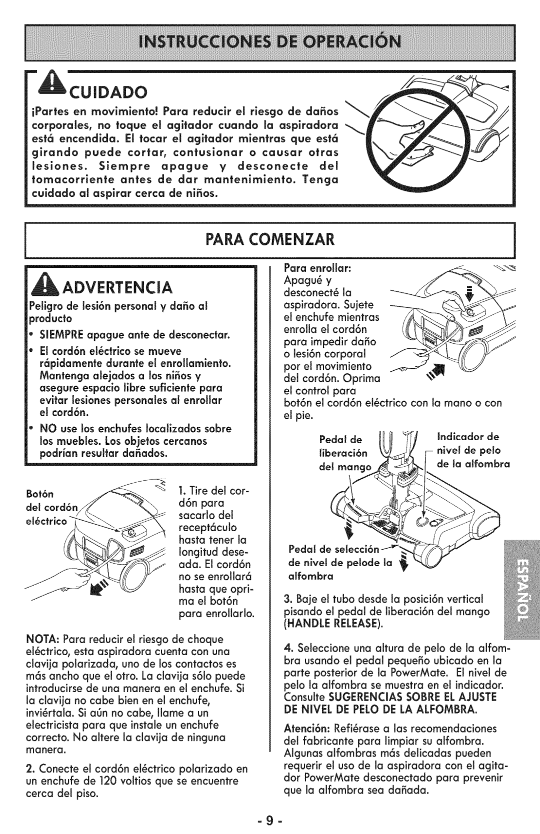 Sears 116.28014 manual Para Comenzar Advertencia, Para enrollar, Para impedirdao, Handle Release 