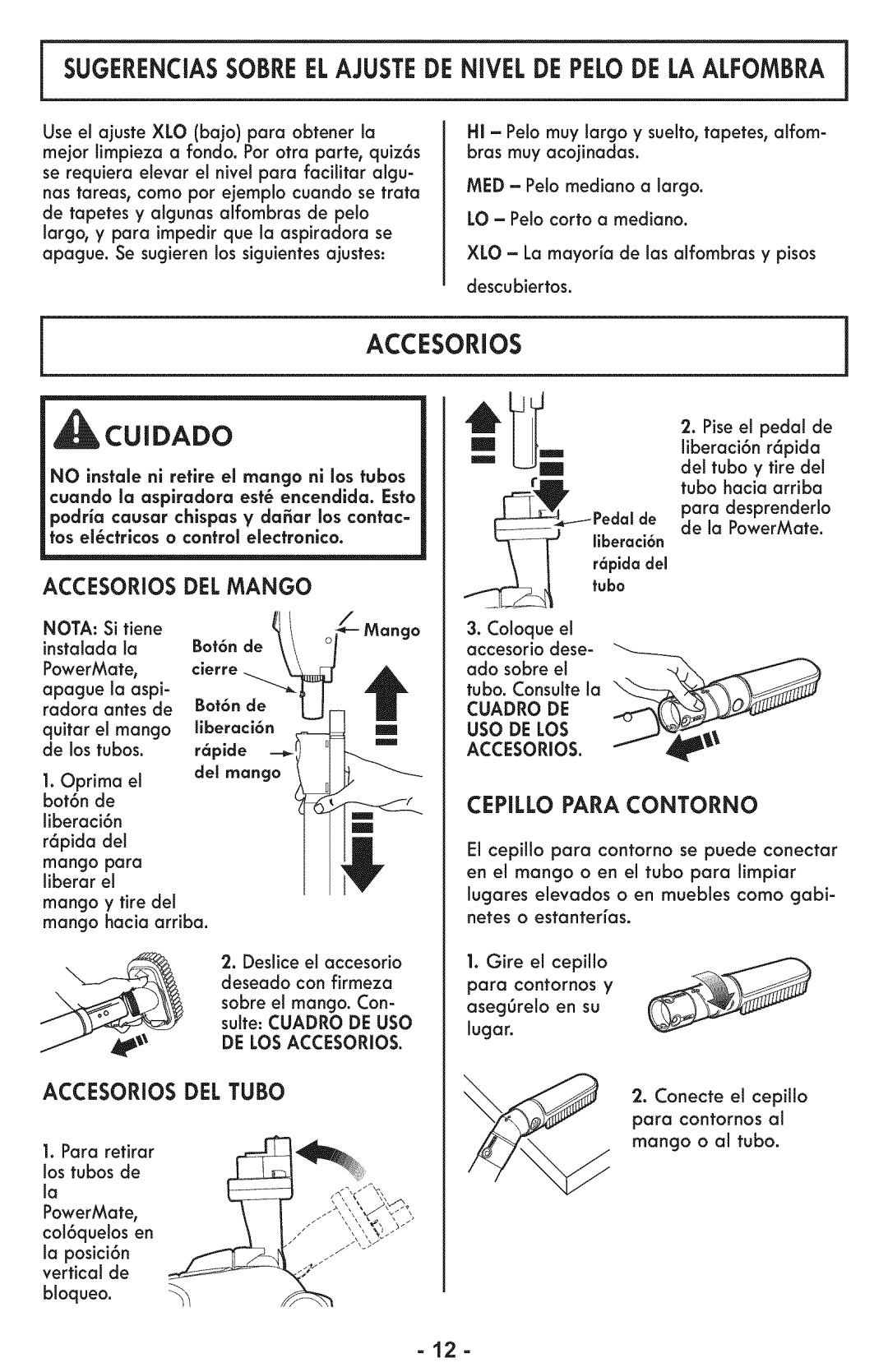 Sears 116.28014 manual Sugerenciassobreelajustede Nivel DE Pelode LA Alfombra, Accesorios DEL Mango, Cepillo Para Contorno 