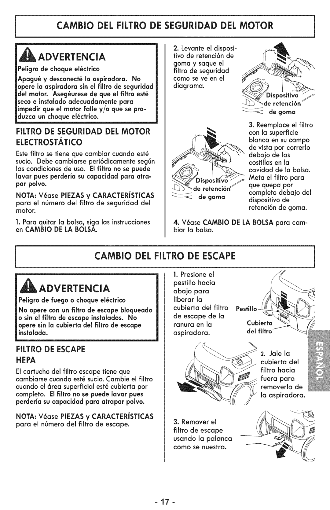 Sears 116.28014 Cambio DEL Filtro DE Seguridad DEL Motor Advertencia, Cambio DEL Filtro DE Escape, Filtro DE Escape Hepa 