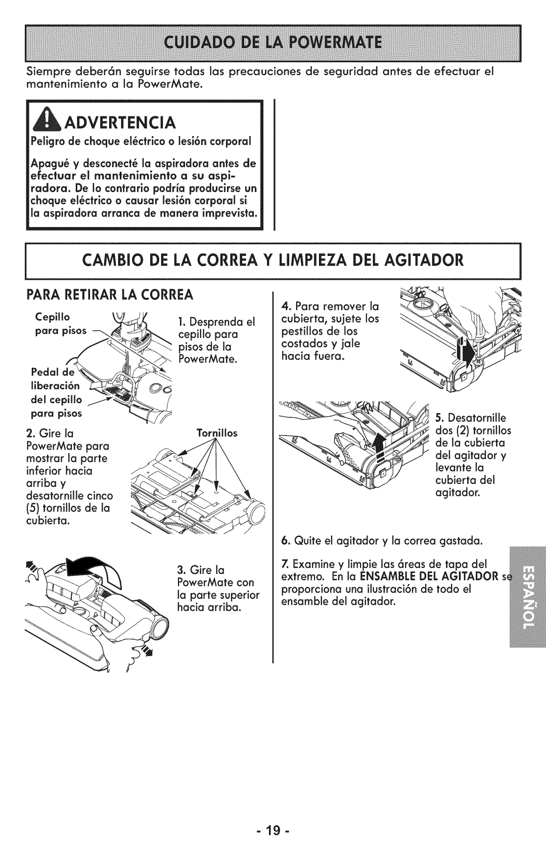 Sears 116.28014 manual Cambio DE LA Correa Y Limpieza DEL Agitador, Para Retirar LA Correa, Inferiorhacia 