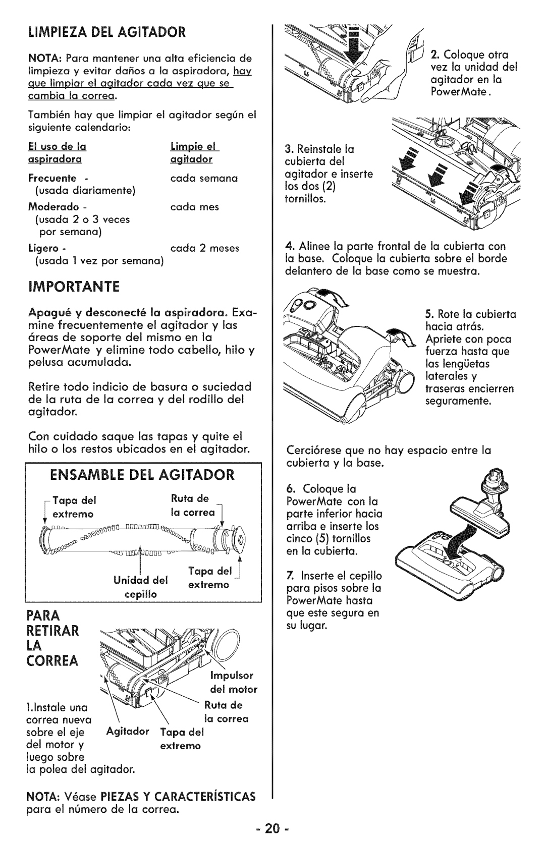 Sears 116.28014 manual Limpieza DEL Agitador, Importante, Ensamble DEL Agitador, Retirar, Correa 