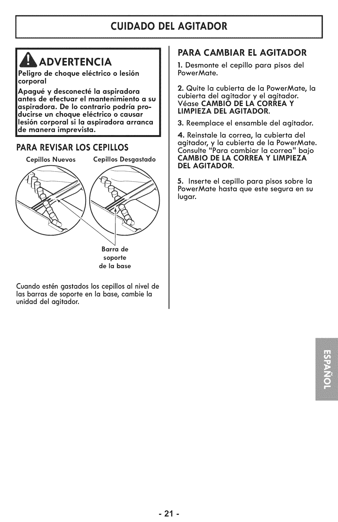 Sears 116.28014 manual Cuidado DEL Agitador Advertencia, Para Revisar LOS Cepillos, Para Cambiar EL Agitador 