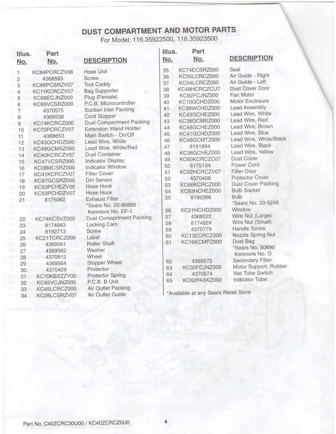 Sears 116.35923500, 116.35922500 owner manual Dustcompartmentand Motorparts, Lllus. Part 