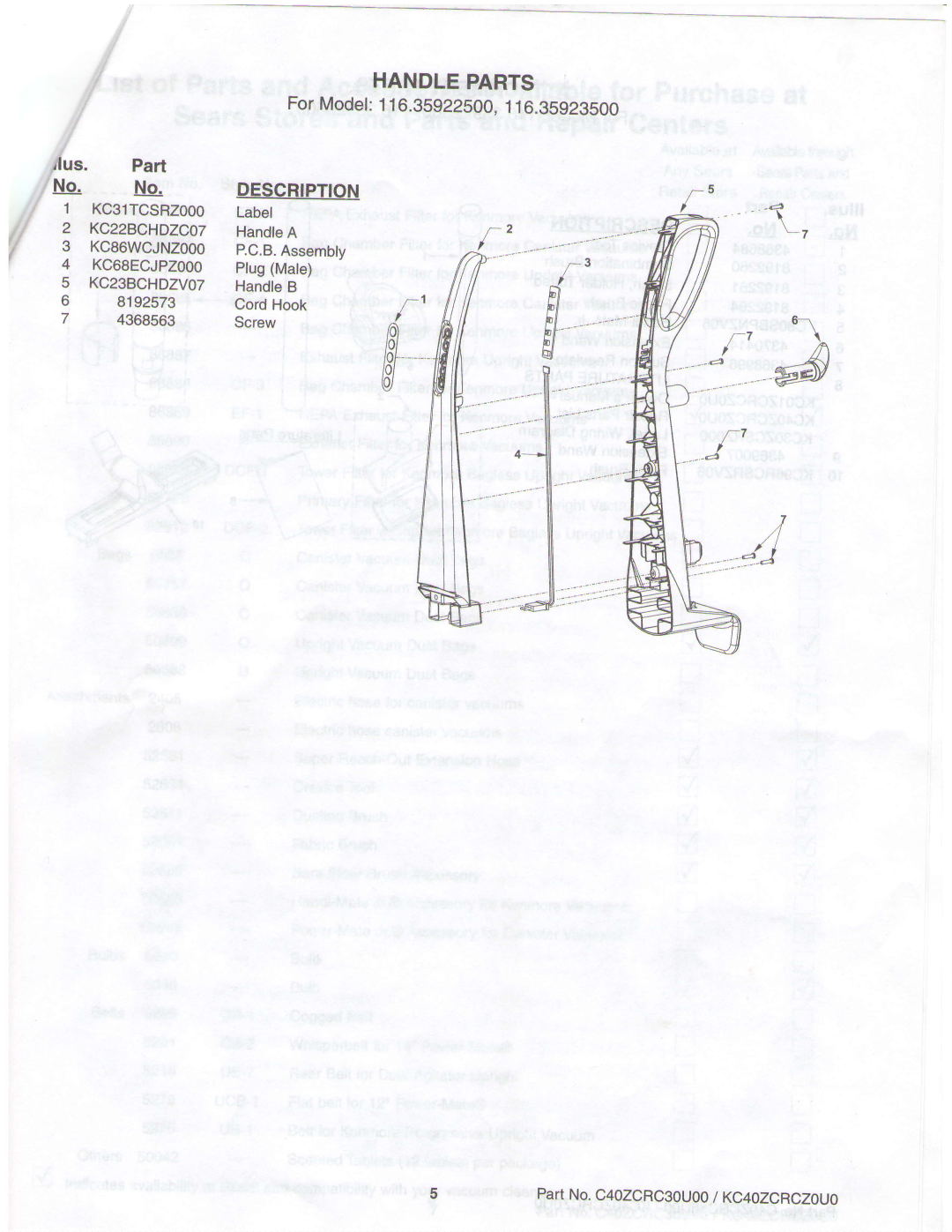 Sears 116.35922500, 116.35923500 owner manual Handleparts, Description 